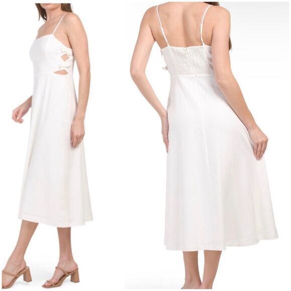 WAYF Linen Blend Cut Out Bow Midi Dress in Ivory - NWT - Sz L | Large - Picture 2 of 11